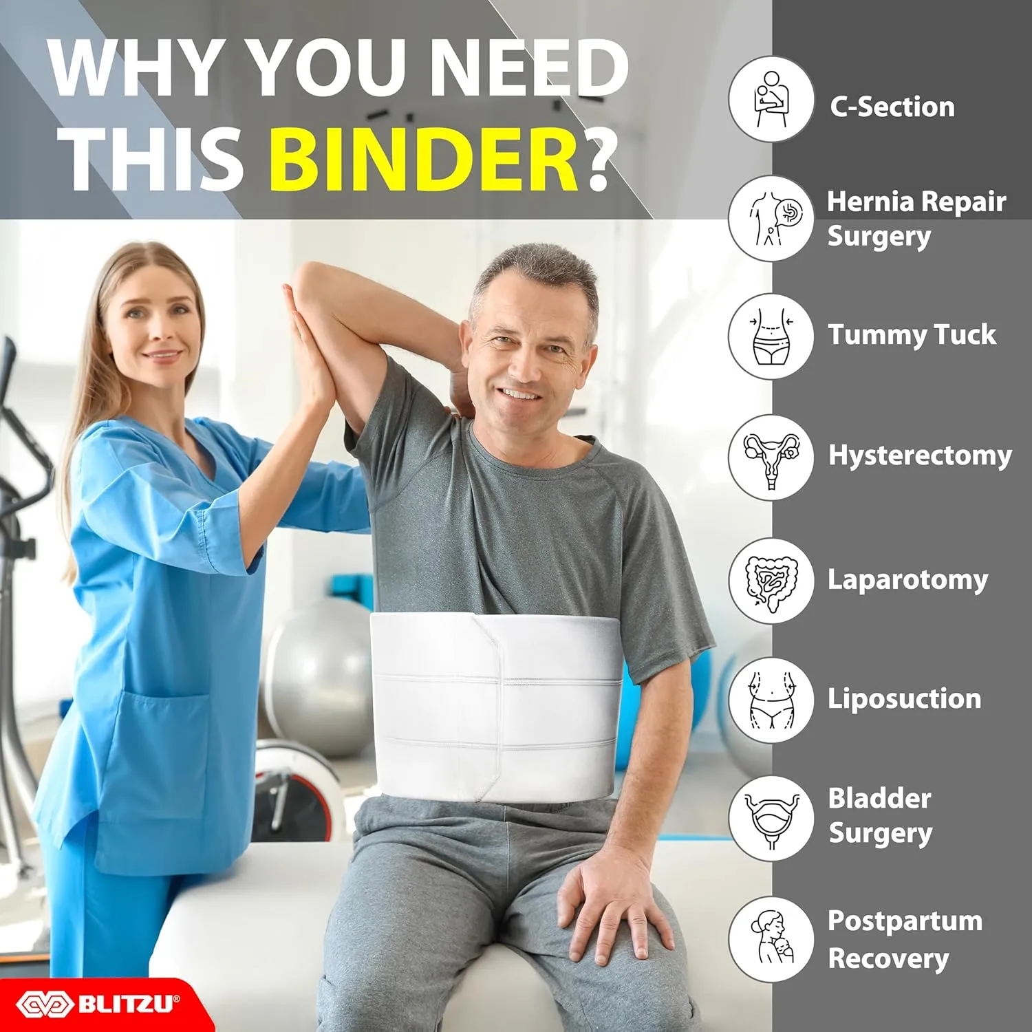 Abdominal Binder for Women & Men Post Surgery Recovery, 9 inch 3 Panel Waist Compression Band, Wrap Support for Bariatric, Belly, Stomach, Postpartum, Hernia, Latex-free, Breathable Fabric. Black L-XL