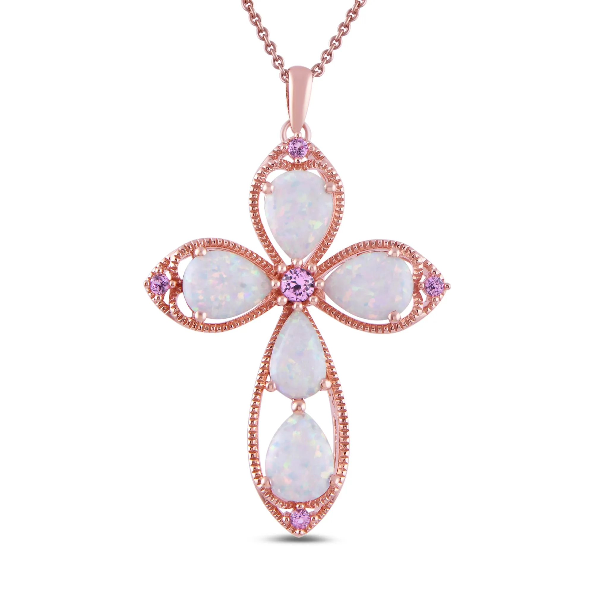 Amazon Essentials Womens 14K Rose Gold over Sterling Silver Created Opal with Created Pink Sapphire Cross Pendant Necklace, 18", (previously Amazon Collection)