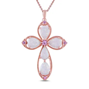 Amazon Essentials Womens 14K Rose Gold over Sterling Silver Created Opal with Created Pink Sapphire Cross Pendant Necklace, 18", (previously Amazon Collection)