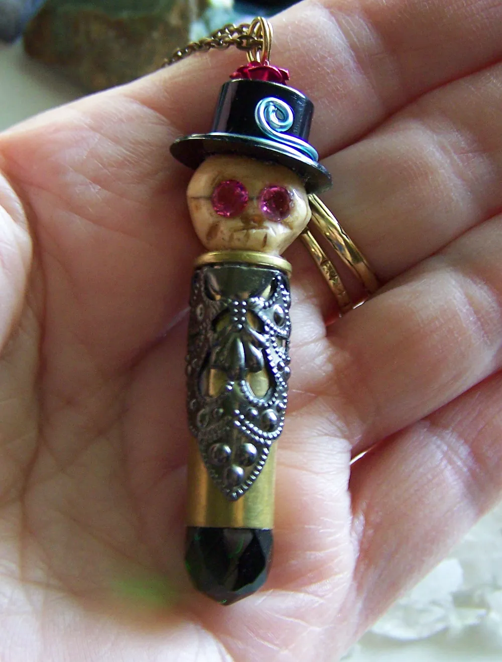 Day of the Dead Bone Skull Top Hat Brass Bullet Jewelry Pendant Necklace