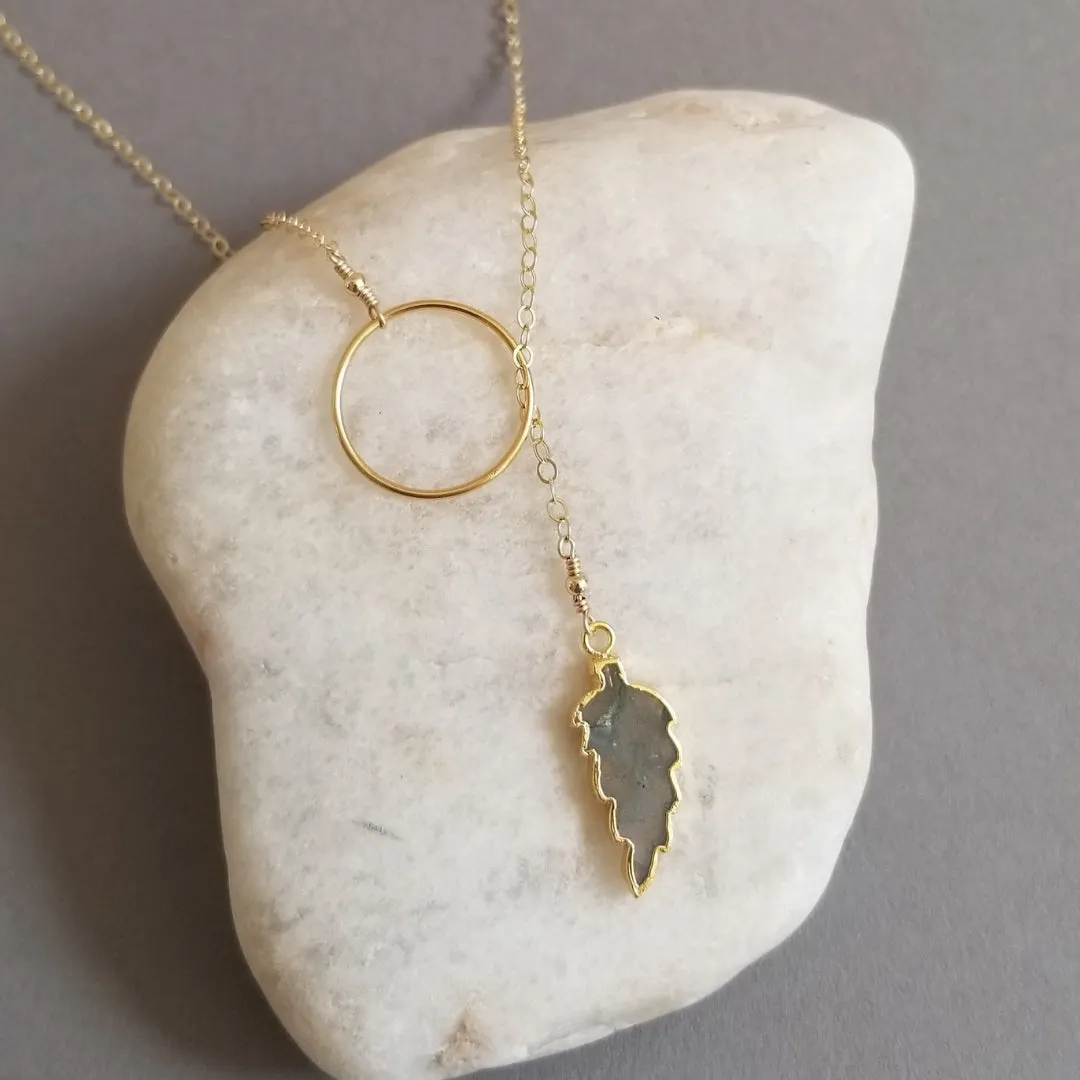 Gold Labradorite Leaf Lariat Necklace