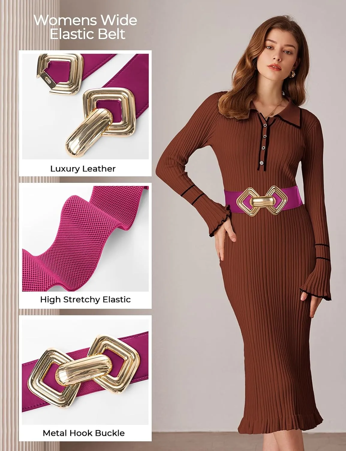 GRACE KARIN Womens Wide Elastic Belt Stretch Leather Belt Gold Buckle Belts for Dress S-XXL
