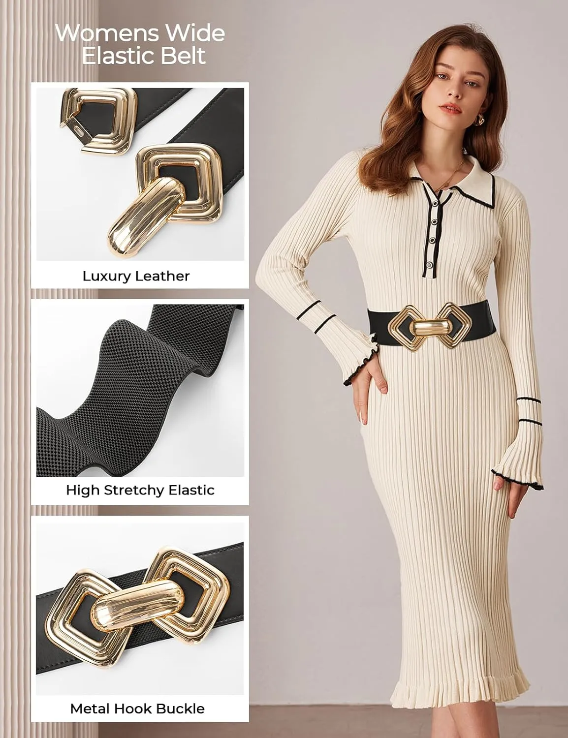 GRACE KARIN Womens Wide Elastic Belt Stretch Leather Belt Gold Buckle Belts for Dress S-XXL