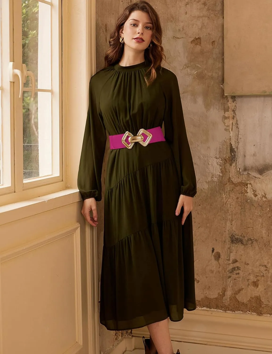 GRACE KARIN Womens Wide Elastic Belt Stretch Leather Belt Gold Buckle Belts for Dress S-XXL