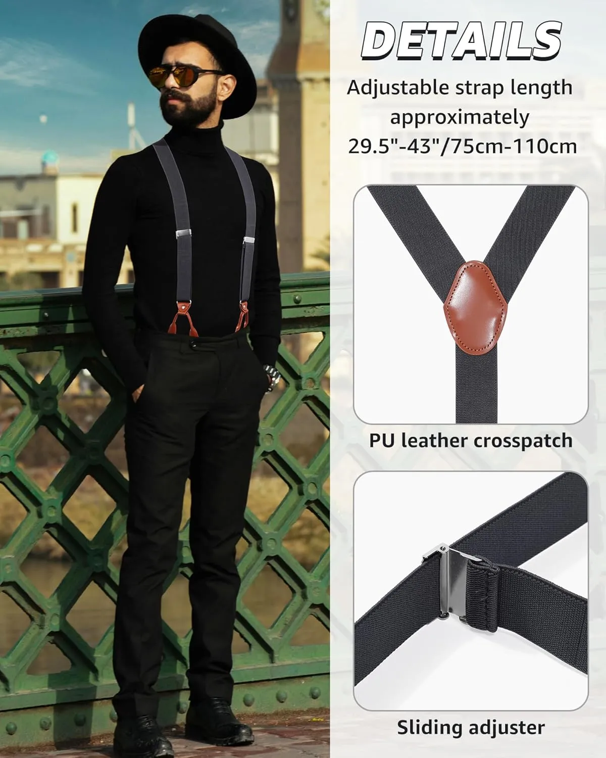 Kajeer Button End Suspenders for Men, Y-Back Adjustable Elastic Heavy Duty Suspender 1.3 Inches Wide with 8 Buttons