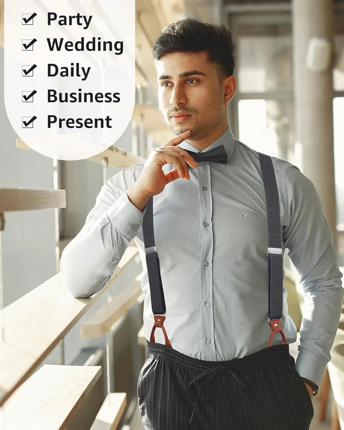 Kajeer Button End Suspenders for Men, Y-Back Adjustable Elastic Heavy Duty Suspender 1.3 Inches Wide with 8 Buttons