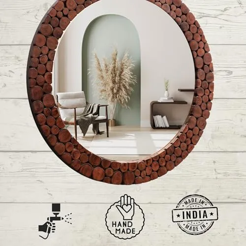 KGN Handicrafts Handcrafted Wooden Antique Frame Round Wall-Mounted Mirror, Mirror for Bedroom, Bathroom, Living Room, Wall Basin, Study Room, Office, Brown (18" Inches Round, Framed)