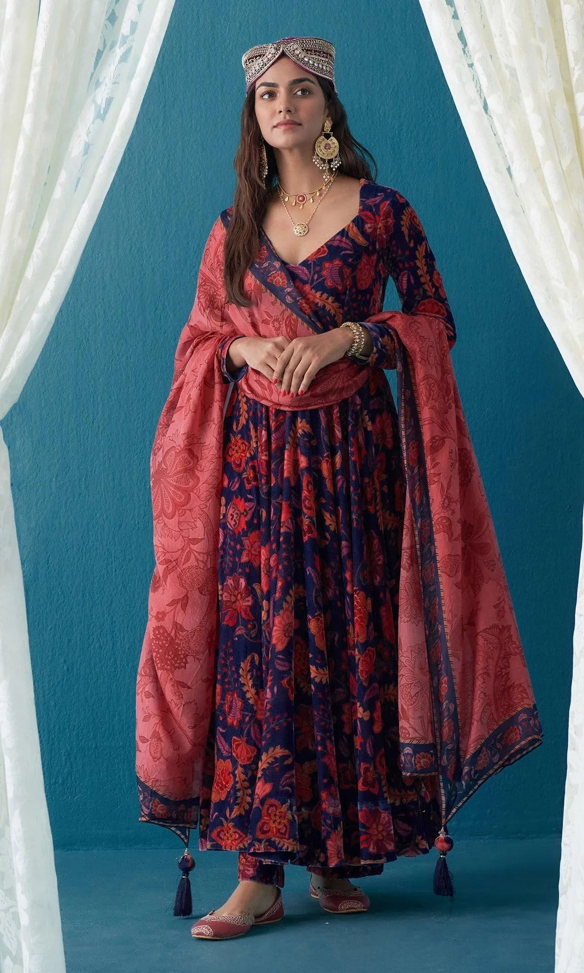 Khizaan Chintz Midnight Blue Velvet Anarkali Set With Silk Dupatta  Set Of 3
