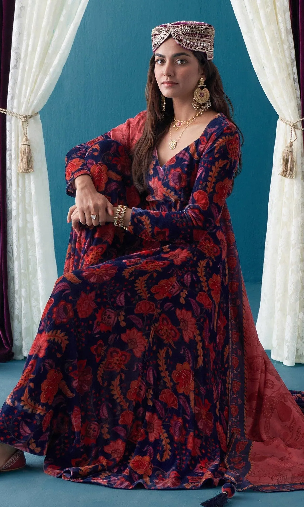 Khizaan Chintz Midnight Blue Velvet Anarkali Set With Silk Dupatta  Set Of 3