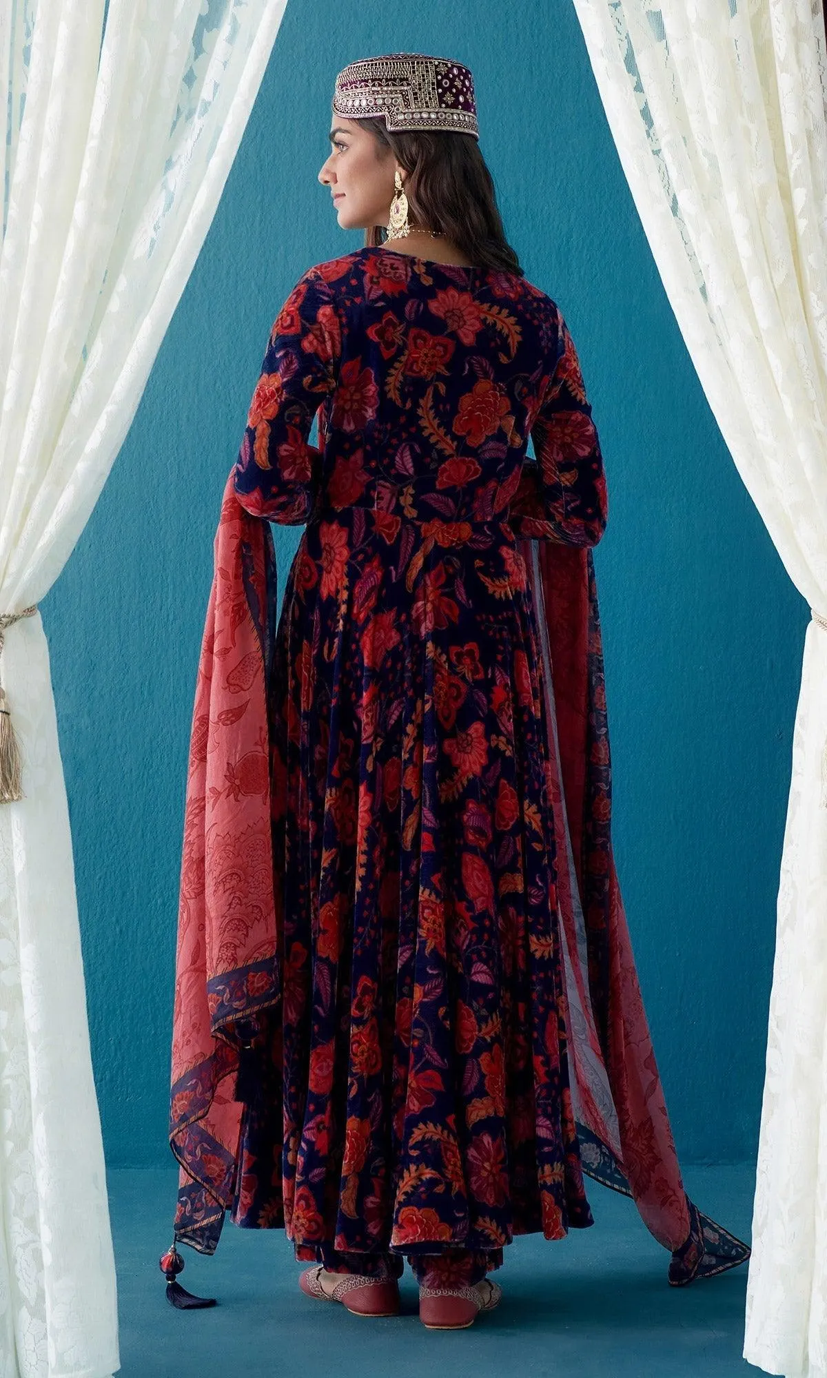 Khizaan Chintz Midnight Blue Velvet Anarkali Set With Silk Dupatta  Set Of 3