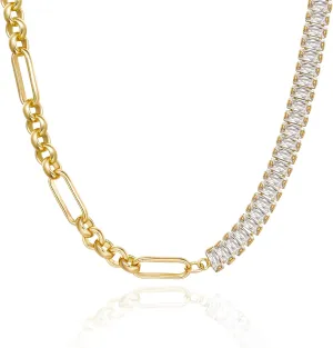 KissYan Diamond Tennis Necklace for Women, 14K/White Gold Plated Cubic Zirconia Baguette Tennis Chain Chunky Paperclip Link Cuban Choker Necklace Dainty Jewelry Gifts