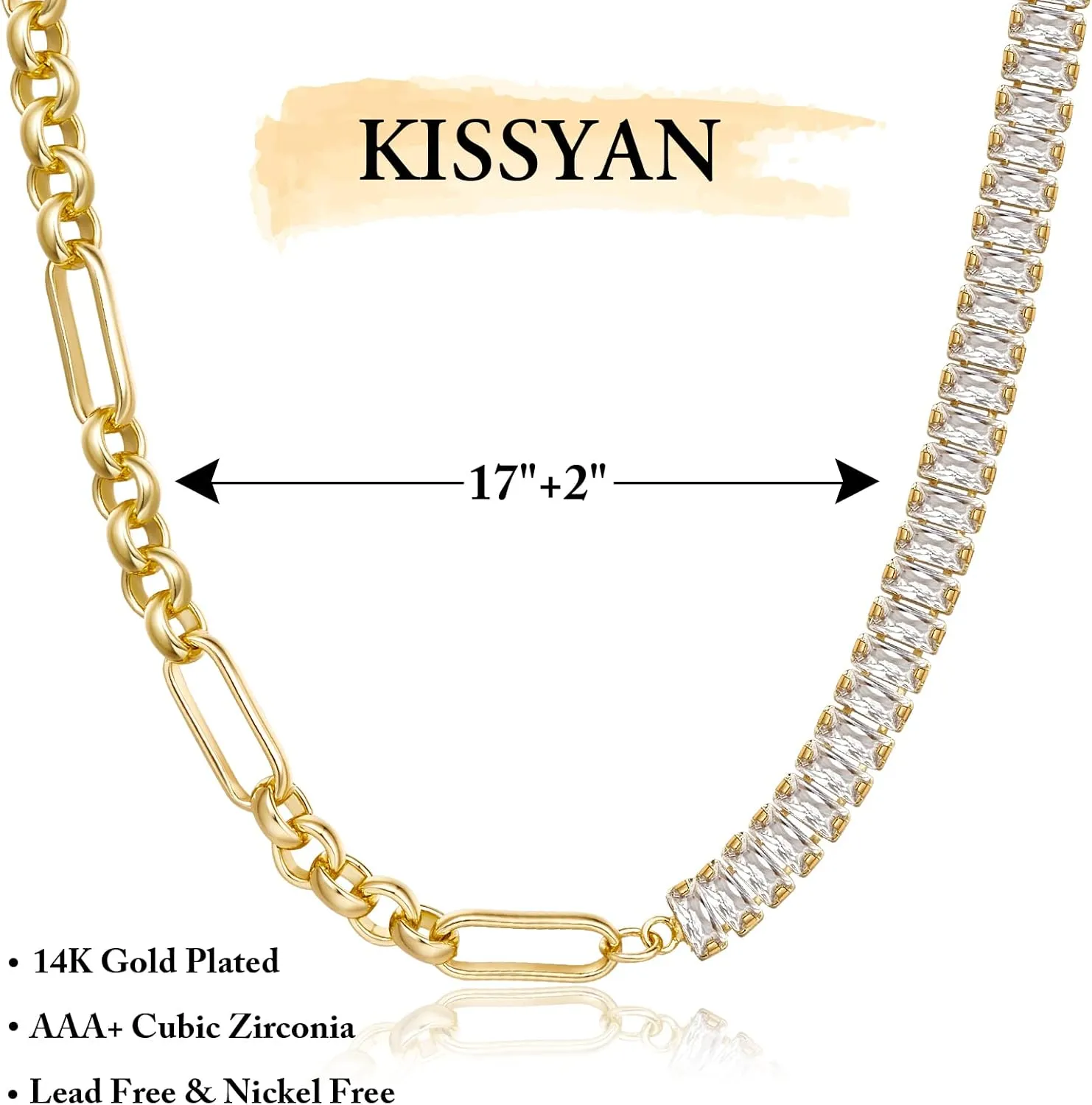 KissYan Diamond Tennis Necklace for Women, 14K/White Gold Plated Cubic Zirconia Baguette Tennis Chain Chunky Paperclip Link Cuban Choker Necklace Dainty Jewelry Gifts