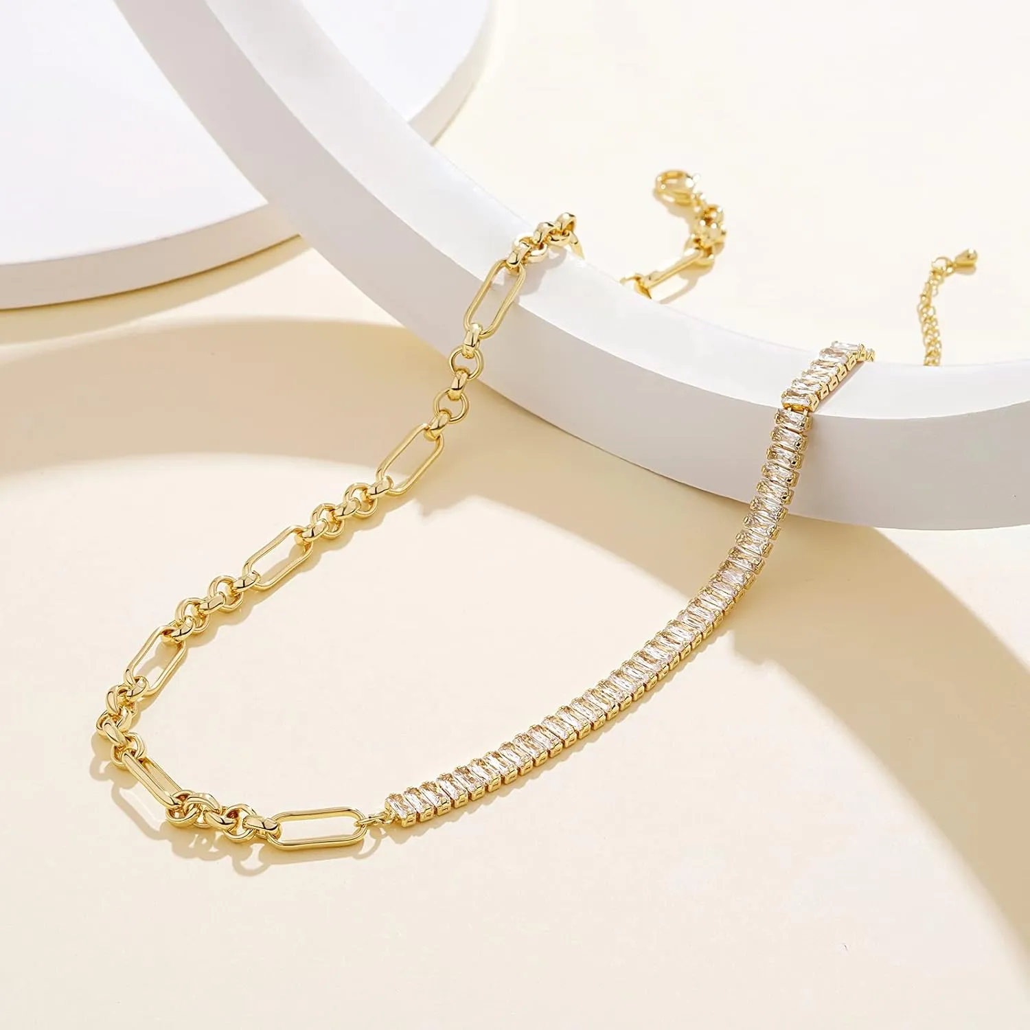KissYan Diamond Tennis Necklace for Women, 14K/White Gold Plated Cubic Zirconia Baguette Tennis Chain Chunky Paperclip Link Cuban Choker Necklace Dainty Jewelry Gifts