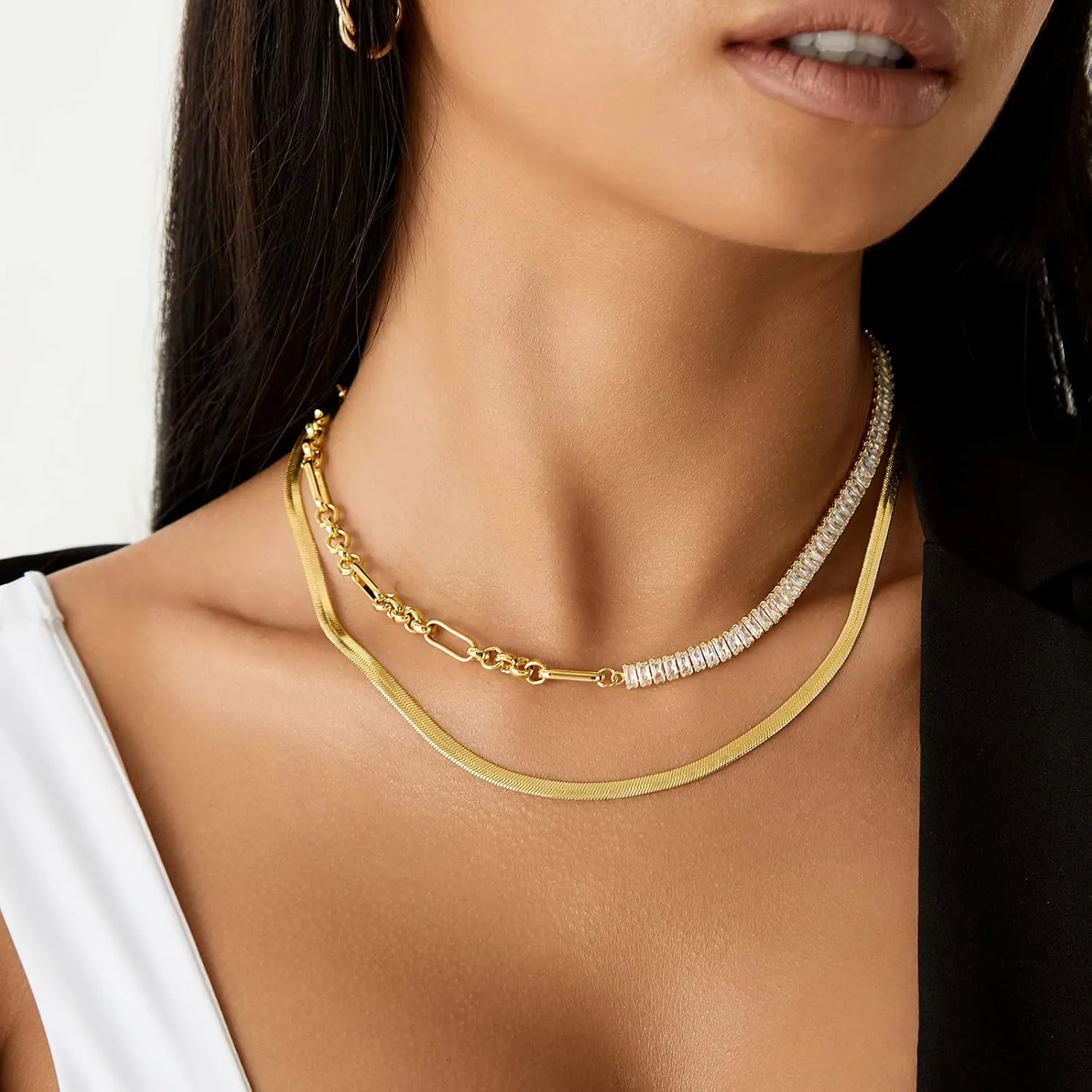 KissYan Diamond Tennis Necklace for Women, 14K/White Gold Plated Cubic Zirconia Baguette Tennis Chain Chunky Paperclip Link Cuban Choker Necklace Dainty Jewelry Gifts