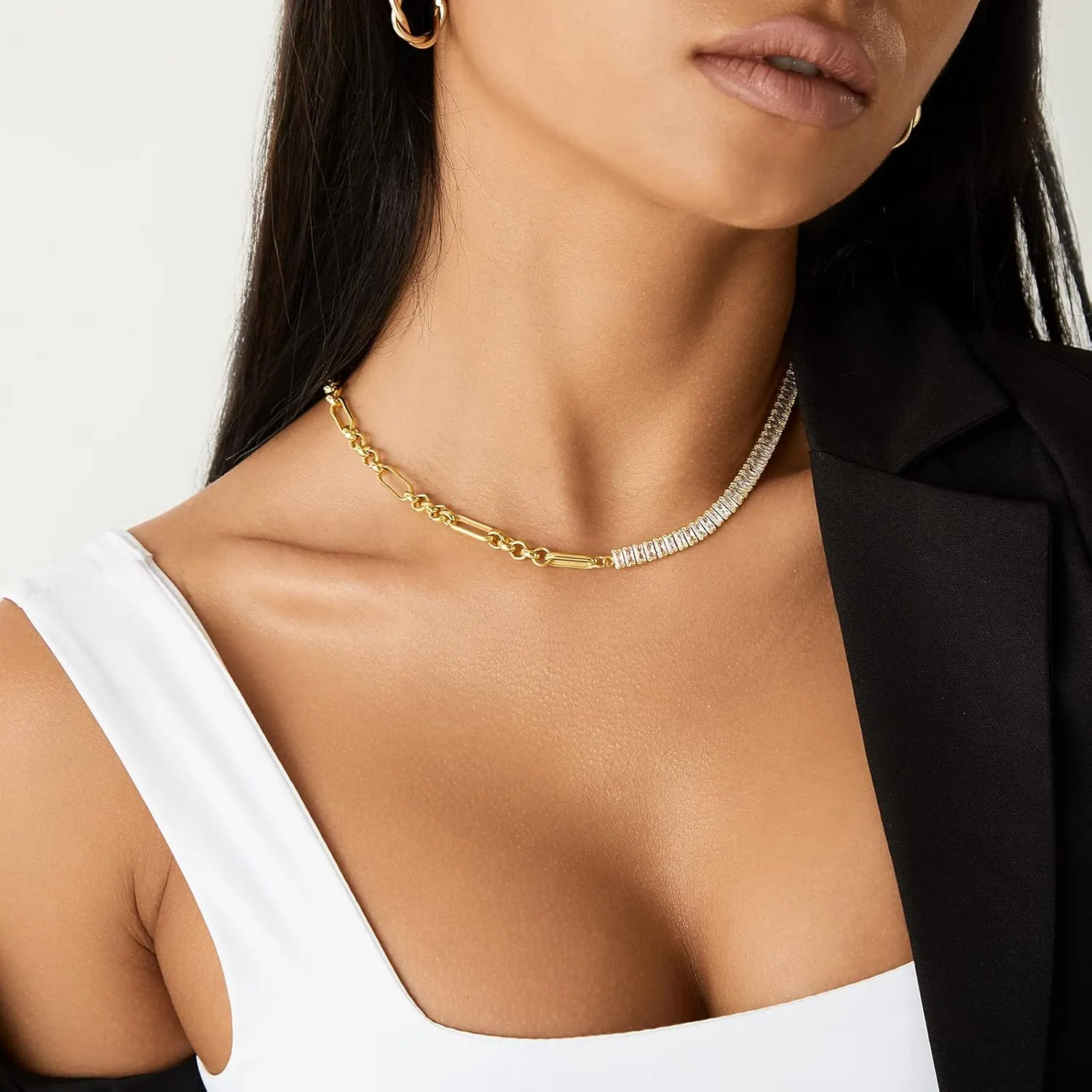 KissYan Diamond Tennis Necklace for Women, 14K/White Gold Plated Cubic Zirconia Baguette Tennis Chain Chunky Paperclip Link Cuban Choker Necklace Dainty Jewelry Gifts