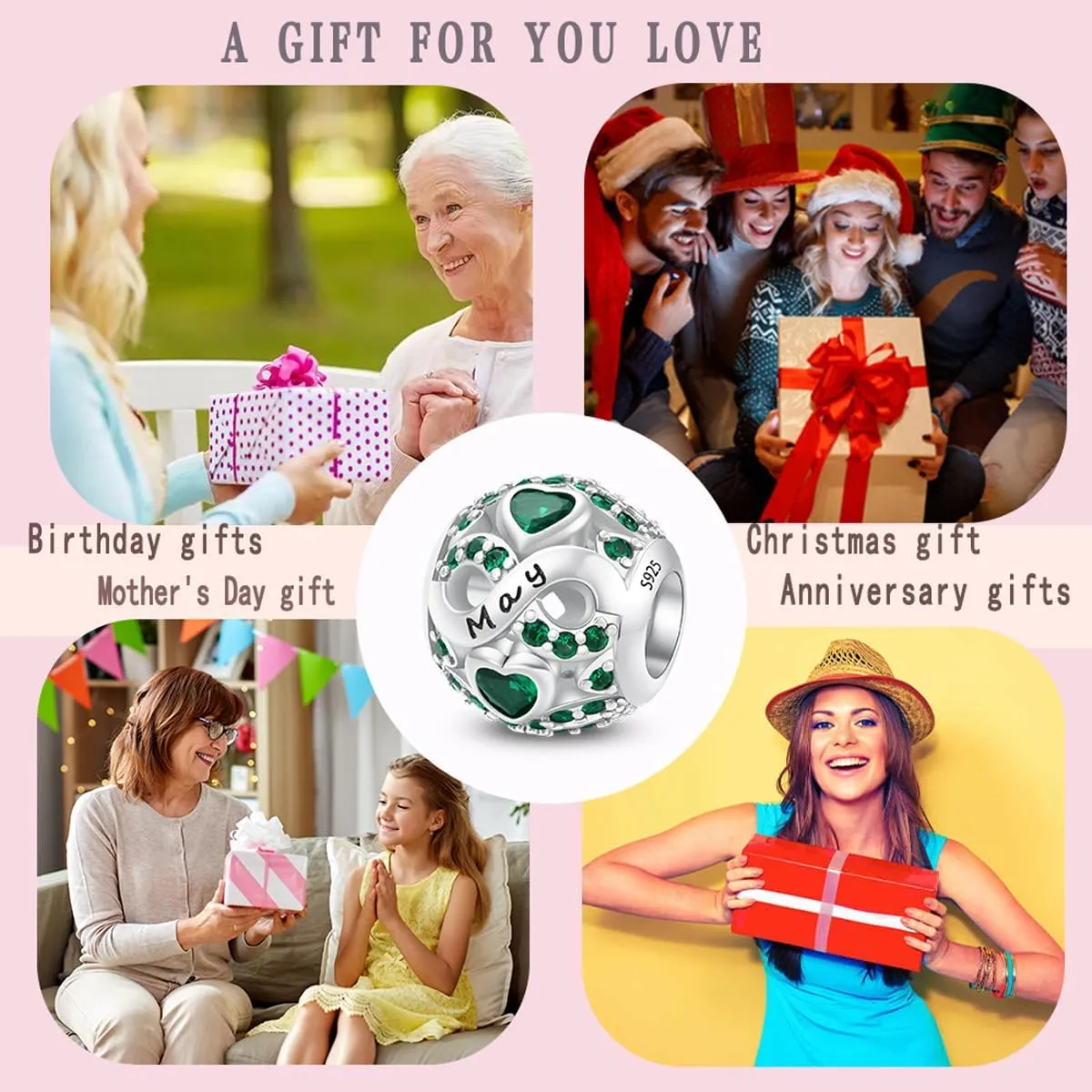 LNQOBU Birthstone Charm 925 Sterling Silver for Bracelets or Necklace With 5A Cubic Zirconia Birthday Charm Mother's Day Gifts (With One Spacer Beads)