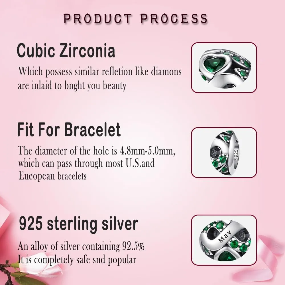 LNQOBU Birthstone Charm 925 Sterling Silver for Bracelets or Necklace With 5A Cubic Zirconia Birthday Charm Mother's Day Gifts (With One Spacer Beads)