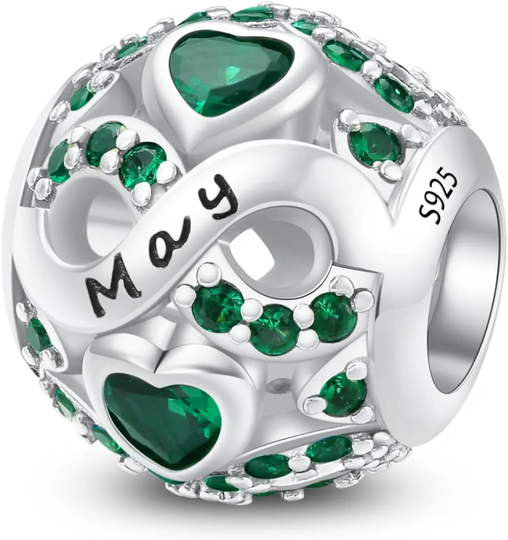 LNQOBU Birthstone Charm 925 Sterling Silver for Bracelets or Necklace With 5A Cubic Zirconia Birthday Charm Mother's Day Gifts (With One Spacer Beads)