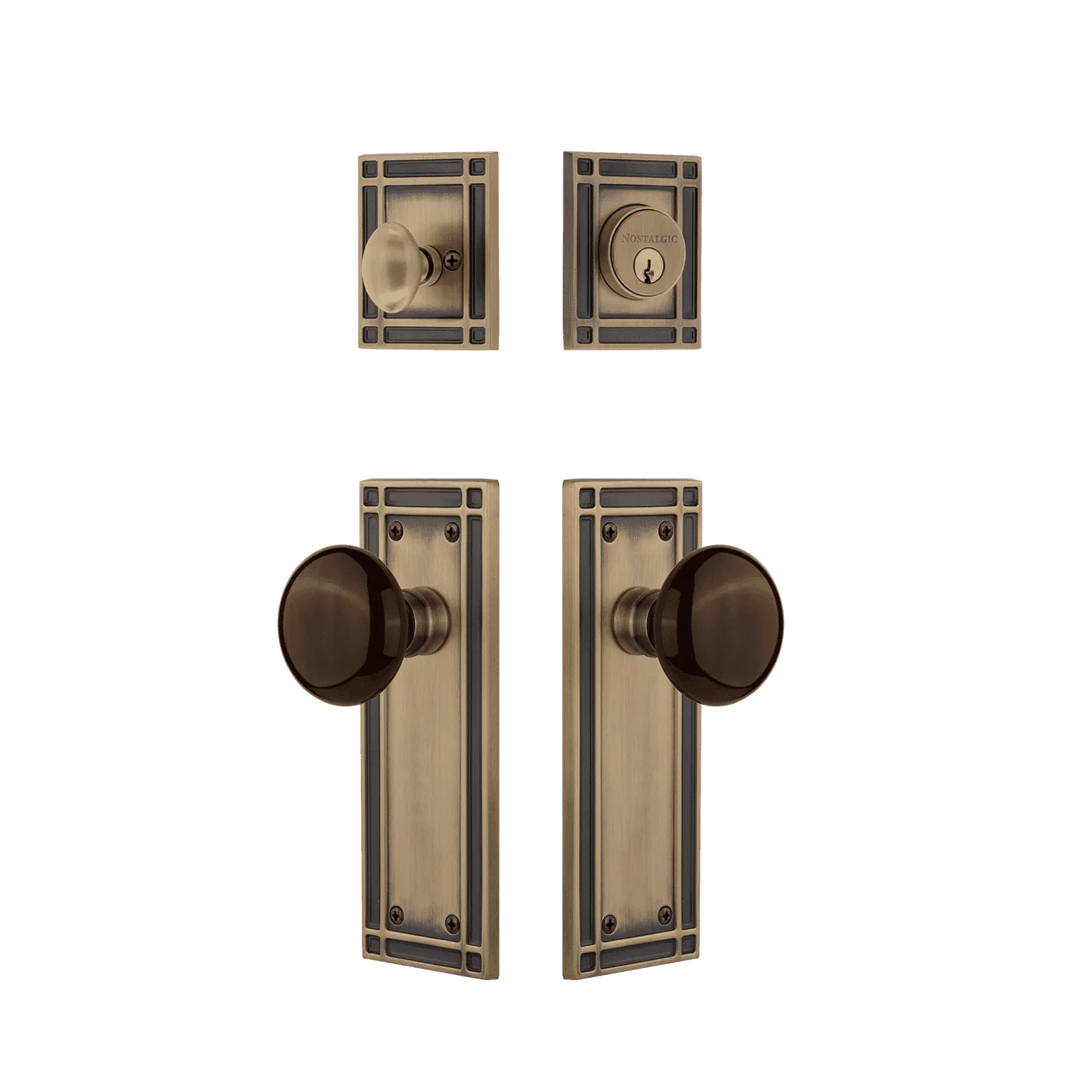 Mission Entry Set with Brown Porcelain Knob in Antique Brass