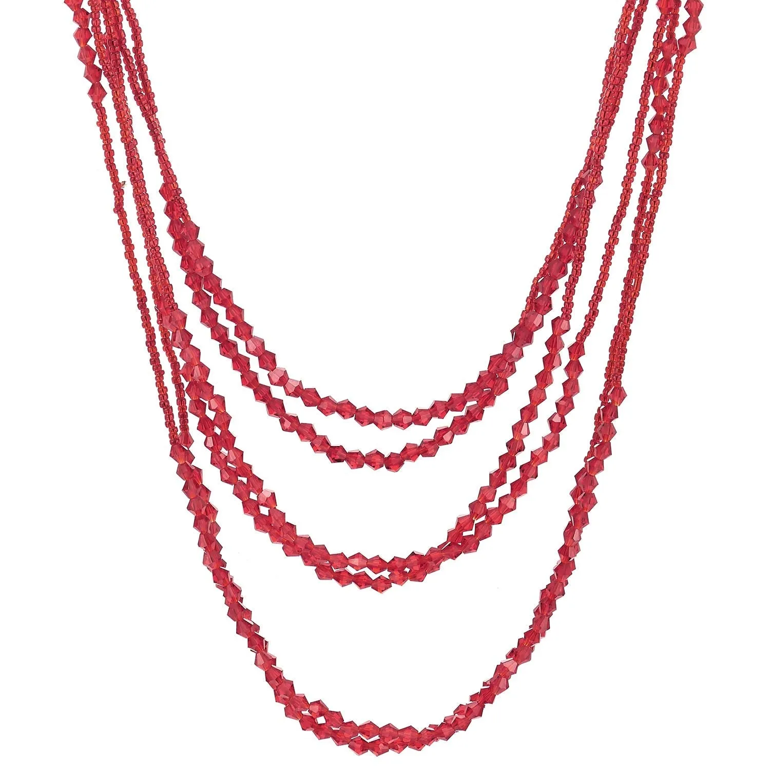 Red Beads Long Statement Necklace Multi-Strand Waterfall Chains with Crystal Beads Charms Pendant