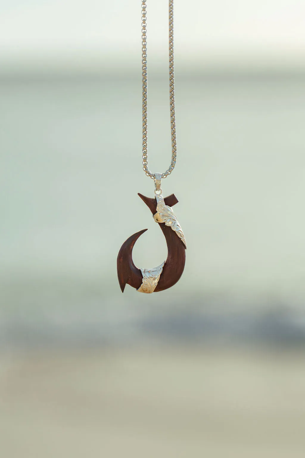 Solid Hawaiian Koa Wood Sterling Silver Fish Hook 'Makau' Necklace Pendant