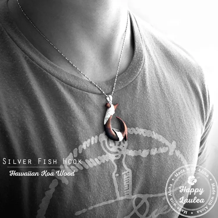Solid Hawaiian Koa Wood Sterling Silver Fish Hook 'Makau' Necklace Pendant
