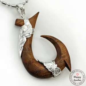 Solid Hawaiian Koa Wood Sterling Silver Fish Hook 'Makau' Necklace Pendant