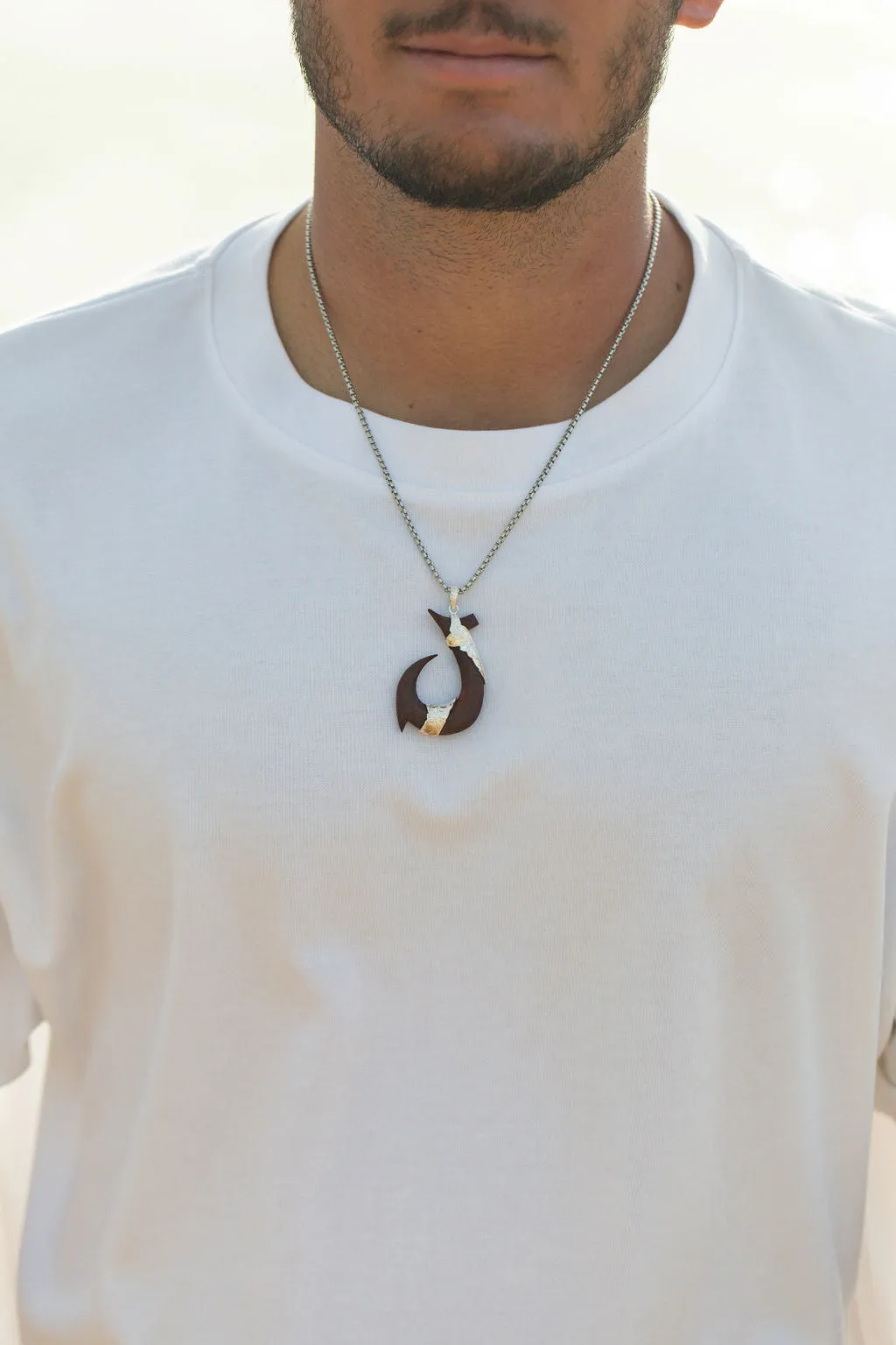 Solid Hawaiian Koa Wood Sterling Silver Fish Hook 'Makau' Necklace Pendant