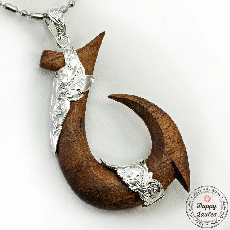 Solid Hawaiian Koa Wood Sterling Silver Fish Hook 'Makau' Necklace Pendant