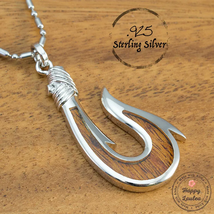 Sterling Silver Masculine Hawaiian Fish Hook 'Makau' Necklace with Hawaiian Koa Wood Inlay (Chain Included)