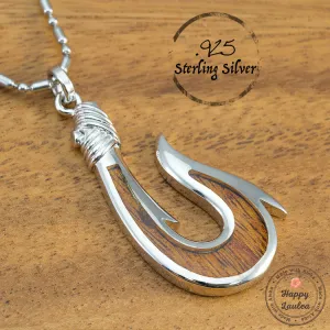 Sterling Silver Masculine Hawaiian Fish Hook 'Makau' Necklace with Hawaiian Koa Wood Inlay (Chain Included)