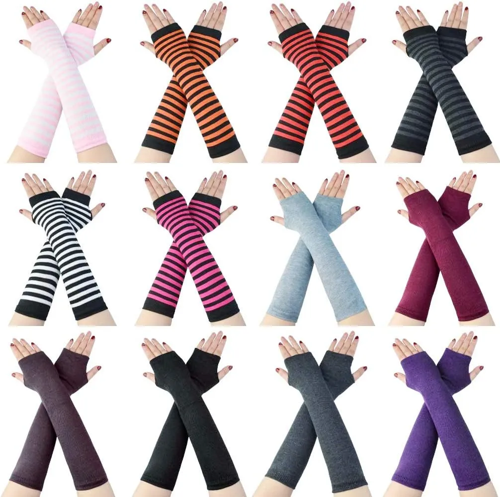 Tongcloud 12 Pairs Women Winter Long Fingerless Gloves - Knitted Arm Warmers, Thumbhole, Elbow Length, Stretchy (Color Set 1, 11.8x3.5'')