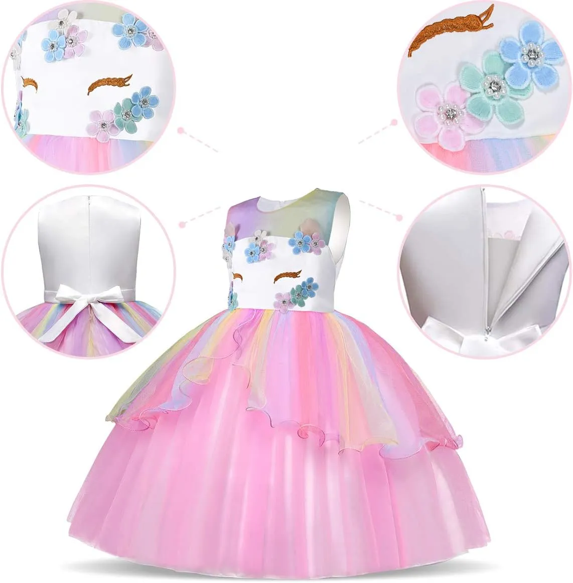 Unicorn Costume, Princess Unicorn Dress Fancy Dress with Necklace, Headband for Kids & Toddlers Birthday