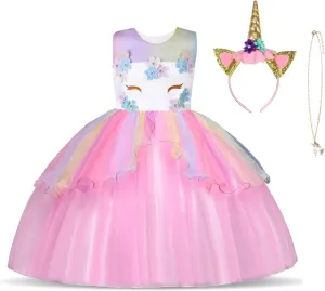 Unicorn Costume, Princess Unicorn Dress Fancy Dress with Necklace, Headband for Kids & Toddlers Birthday