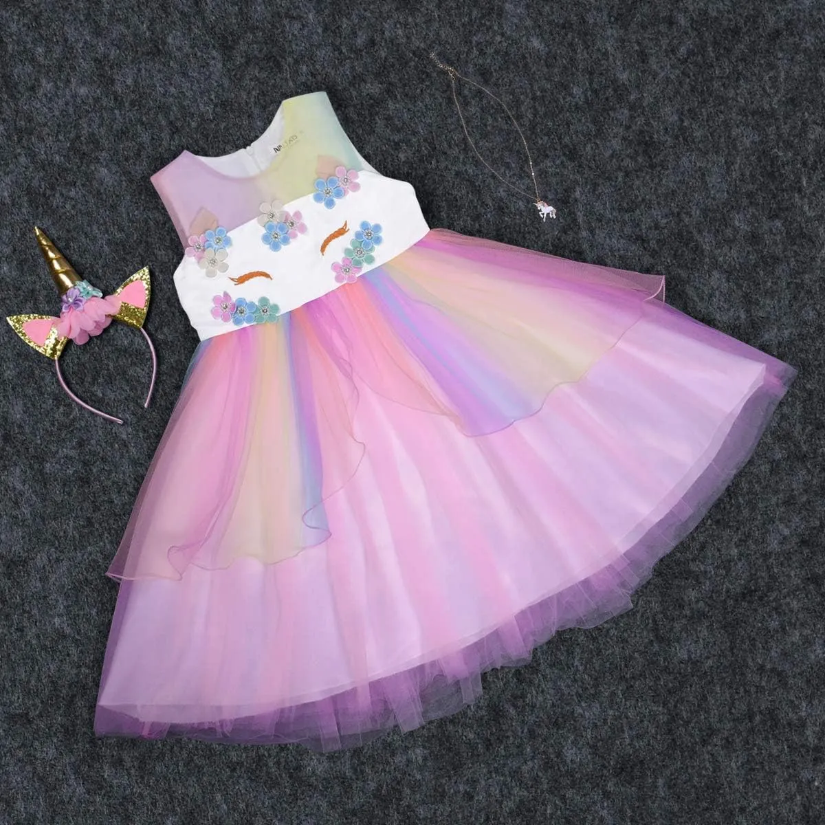 Unicorn Costume, Princess Unicorn Dress Fancy Dress with Necklace, Headband for Kids & Toddlers Birthday