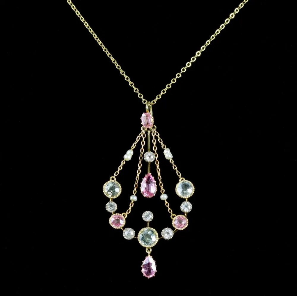 Victorian Aquamarine Pink Sapphire 18Ct Necklace Circa 1900