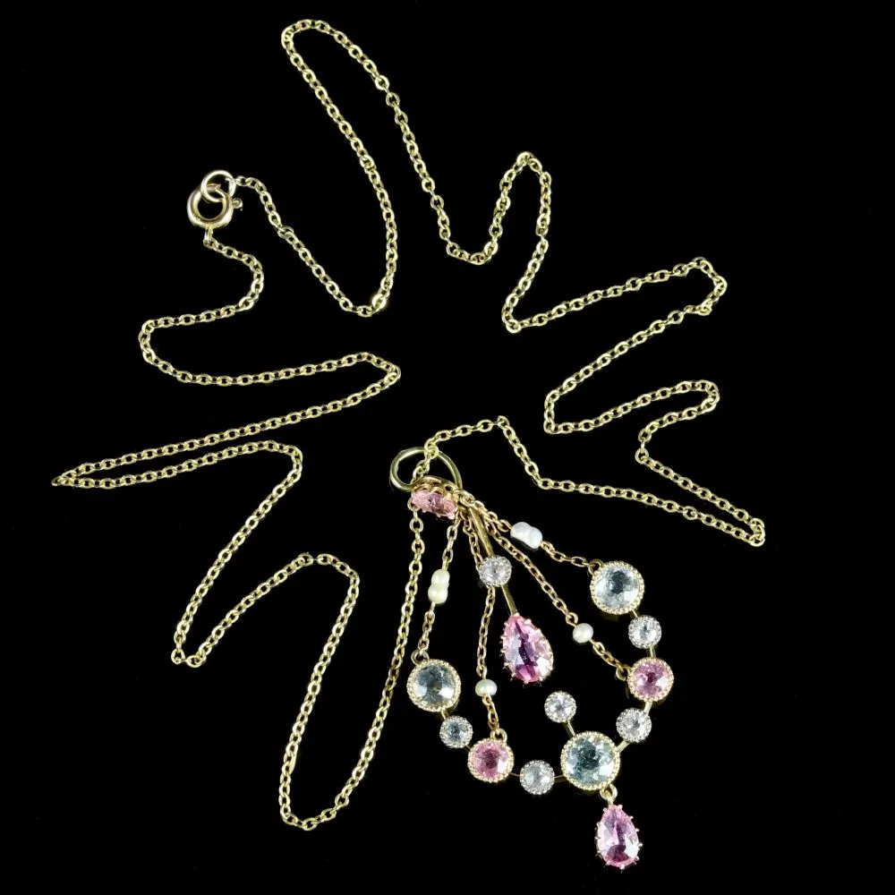 Victorian Aquamarine Pink Sapphire 18Ct Necklace Circa 1900